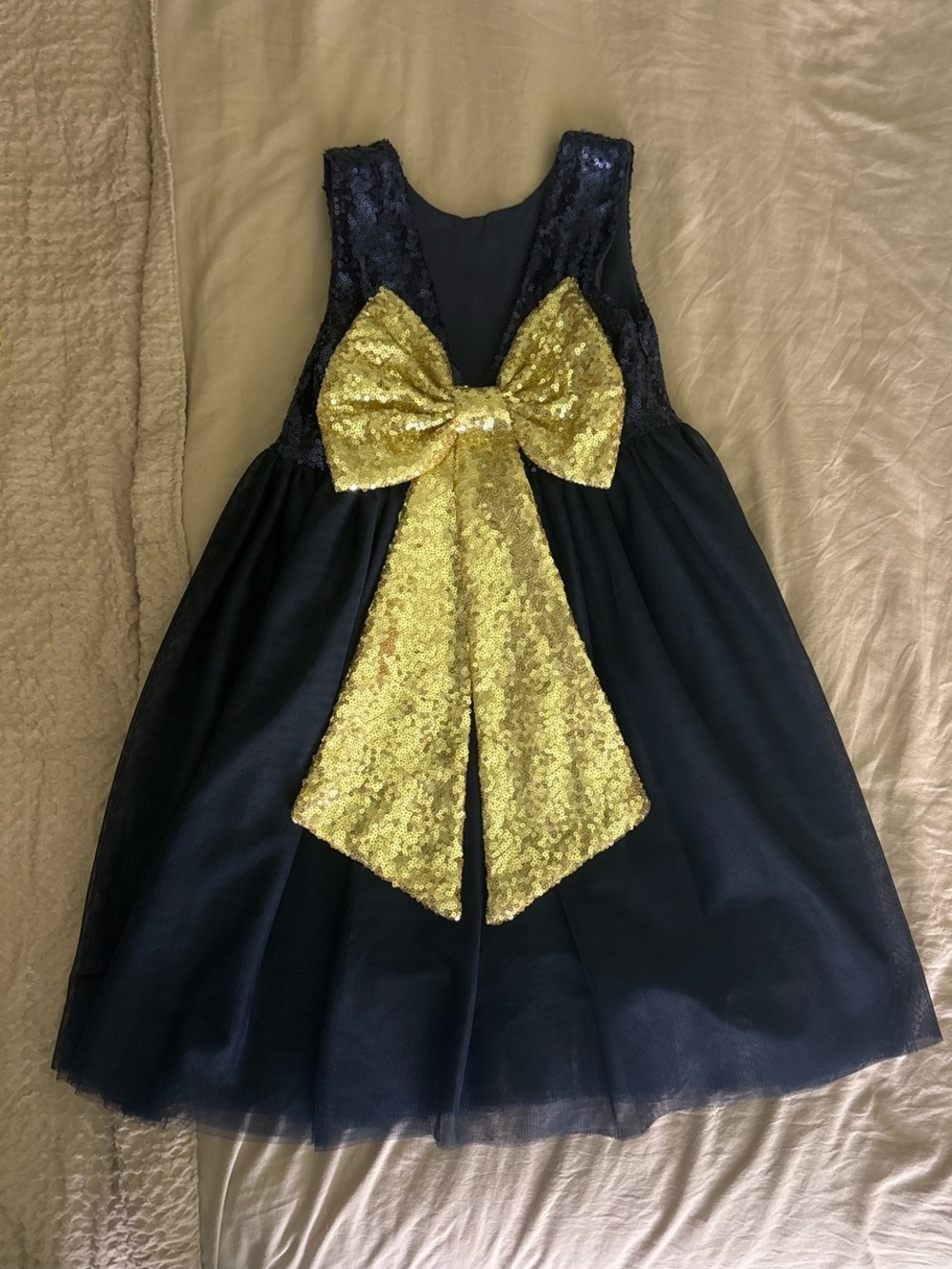 Girls 5T Navy Sequin Bow Tulle Dress with Gold Bow
